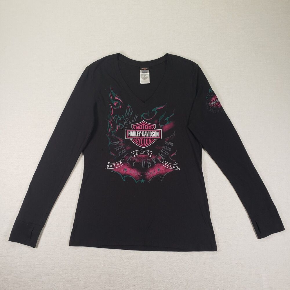 Harley-Davidson Womens Large V Neck Long Sleeve T Shirt Laconia New Hampshire